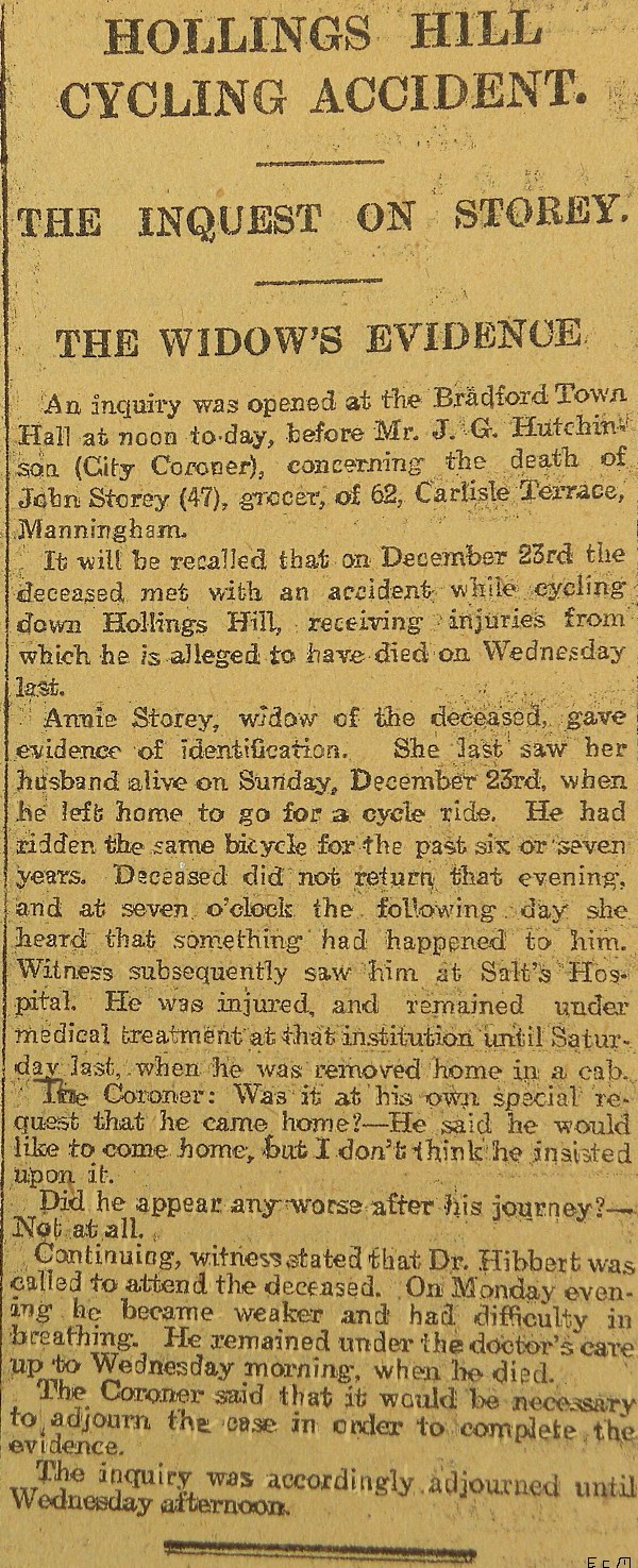Hollings Hill, Bradford Cycling accident 1907.