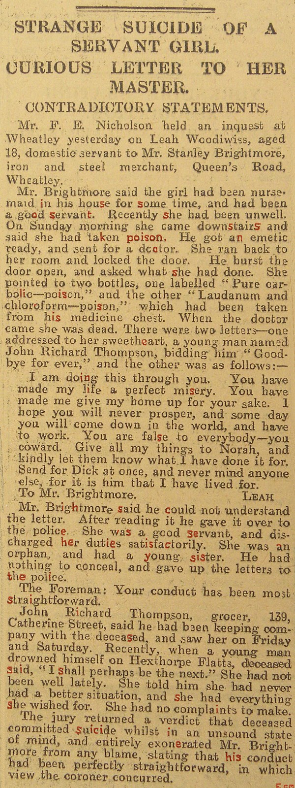 Servant Girl Poisons herself 1907.