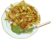 Fish, Cake, Chips,and peas.