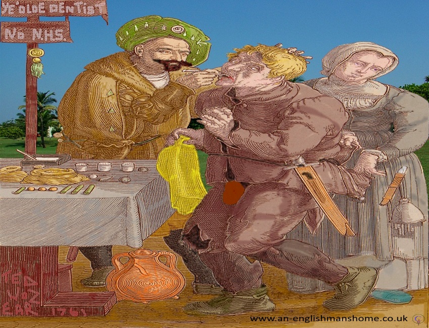 The lady holds here husbands coat whilst the dentist rips his teeth out.