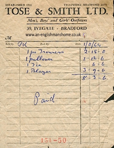 A receipt for Buttershaw school uniform in 1964.